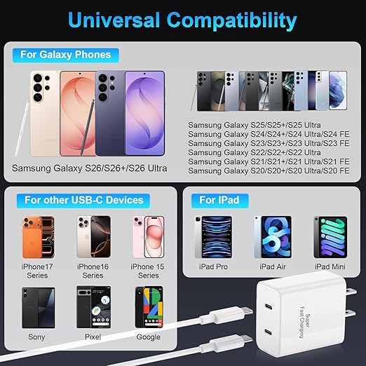 iPhone 17 16 15 Charger Fast Charging, 45W Dual USB C Android Phone Charger Block with 10FT Long Type C Cable Cord for Apple iPhone 17/Pro/Pro Max/17 Air/16 Pro/16 Pro Max/15 Plus/iPad/S26 Ultra/S25