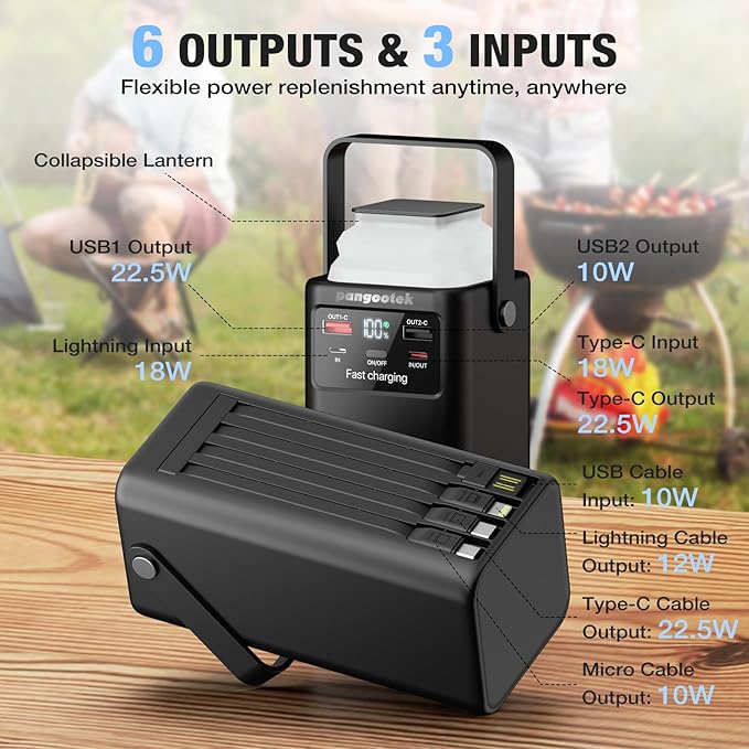 Portable Power Station 99Wh 27000mAh Portable Charger Power Bank with Camping Light 22.5W Fast Charging QC 3.0 PD Built in Cables Outdoor Generator for Hiking Fishing Travel