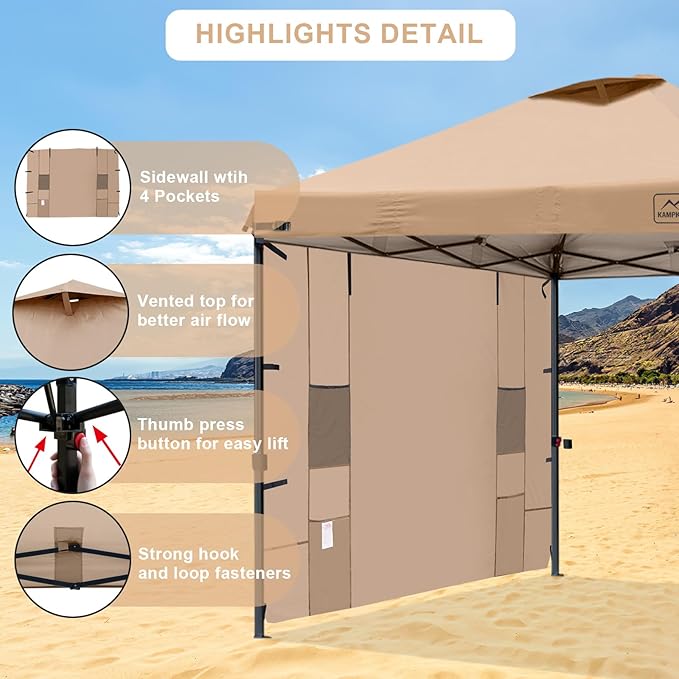KAMPKEEPER 10x10 Pop Up Canopy Tent with Sidewall - Easy Setup Sun Shelter, Outdoor Shade with Vented Roof for Backyard | UV & Rain Portable Instant Camping Beach Canopy Tents (Khaki)