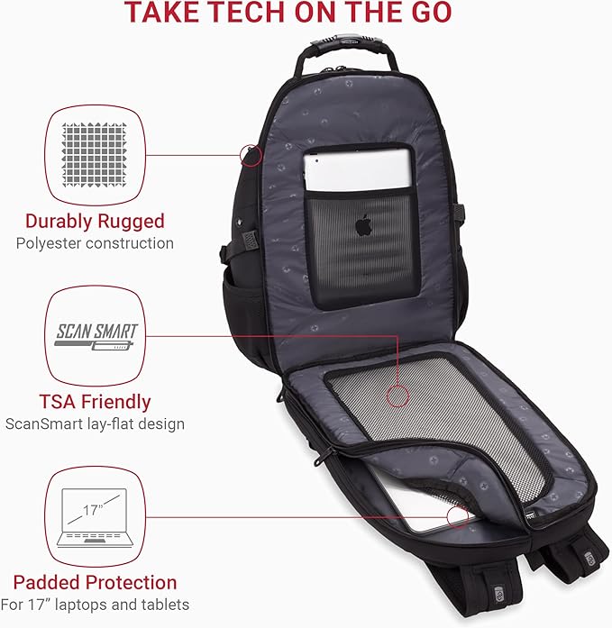 SwissGear 1900 ScanSmart 17” Laptop Backpack Black/Black – Reflective Tech Backpack with ScanSmart Compartment – Multiple Organizer Pockets & RFID Scan Blocking Technology