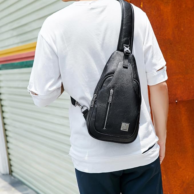 Small Sling Bag Crossbody Backpack Over the Shoulder Bag for Men Women Travel Outdoors, Lightweight Sling Chest Pack (Large, Pu leather)