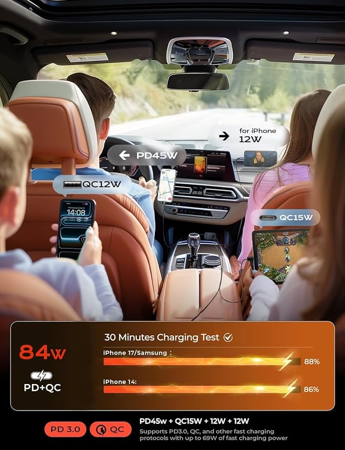 LISEN Retractable Car Charger, Gifts for Men Women, 84W Car Adapter USB C Fast Charger for iPhone, Travel Essentials Car Accessories for Men Women Gifts for iPhone 17 16 15 14 13 12 11 X Samsung S26