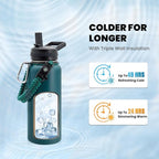 Insulated Water Bottle 32 oz, Triple Wall Vacuum Stainless Steel (Cold for 48 Hrs), Leak Proof & Non-BPA, Modern Water Flask Jug with Paracord Handle & Straw Spout Lids, Dark Green