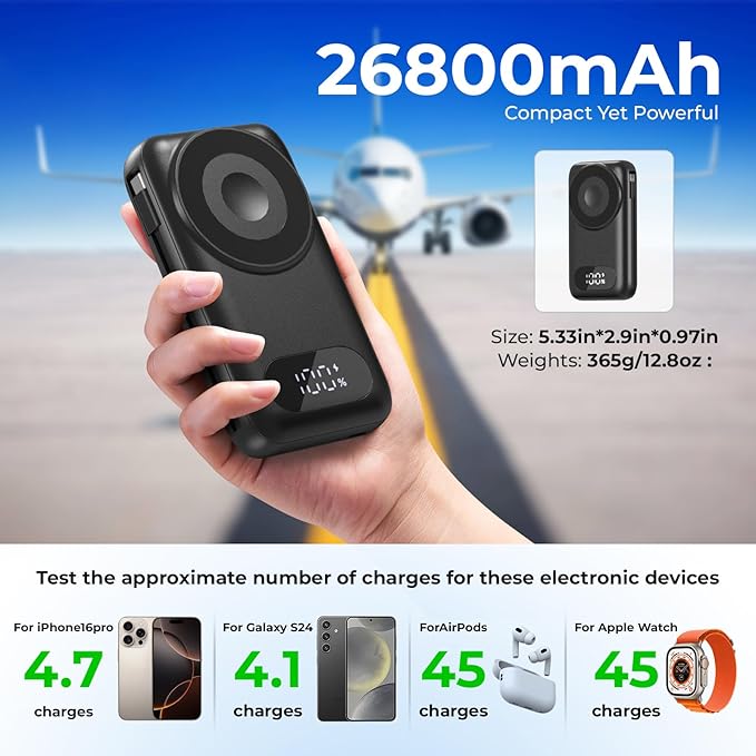Magnetic Portable Charger 26800mAh for iPhone 16/15/14/13/12 with Built-in Cables，6-in-1 Wireless Power Bank with iWatch Charger and Compatible with Samsung, Android Phones, AirPods(Black)