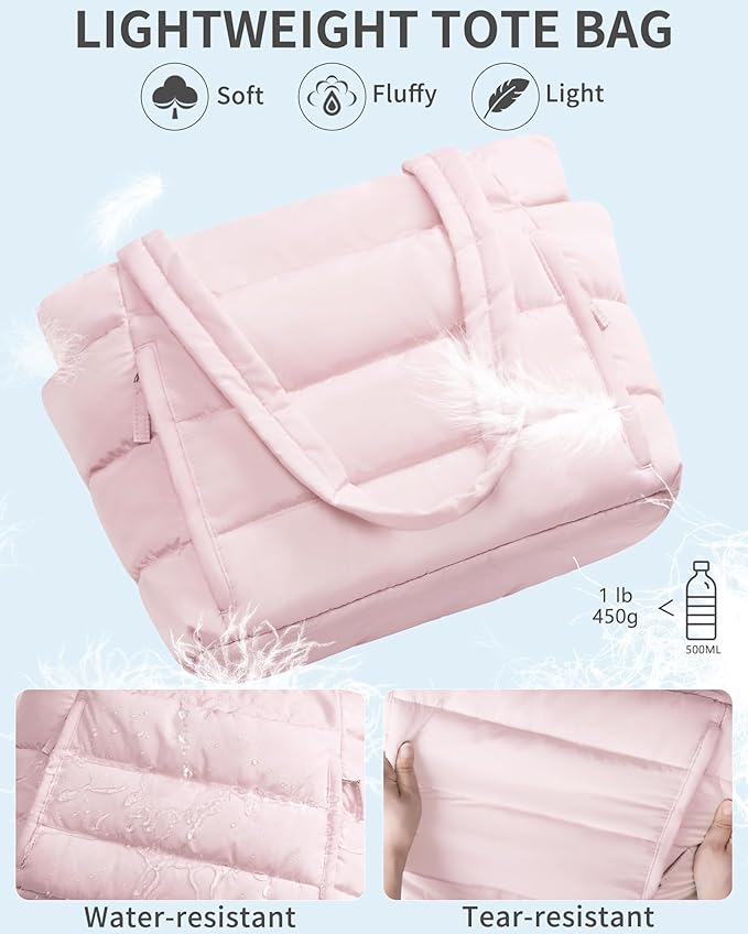 Puffer Tote Bag for Women, Lightweight Puffy Work Handbag Teacher Nurse Quilted Shoulder Bag for School Travel Gym