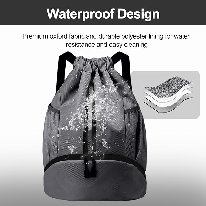 Hoedia Sports Drawstring Backpack - String Swim Gym Bag with Shoes Compartment and Wet Proof Pocket for Women/Men (Dark Grey)