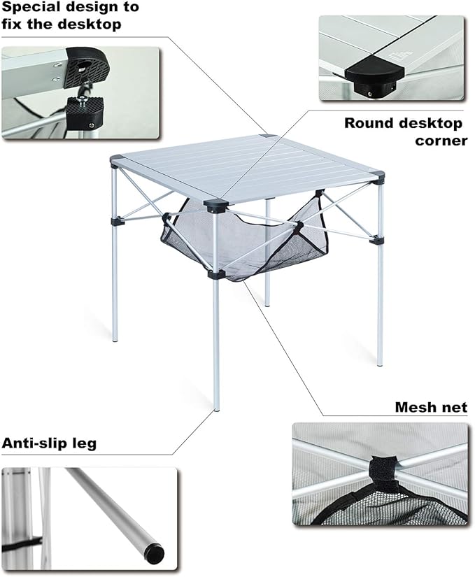 iClimb Lightweight Stable Alu. Folding Square Table Roll Up Top with Carry Bag for Camping Picnic Backyards BBQ Camp Kitchen (Green, L)