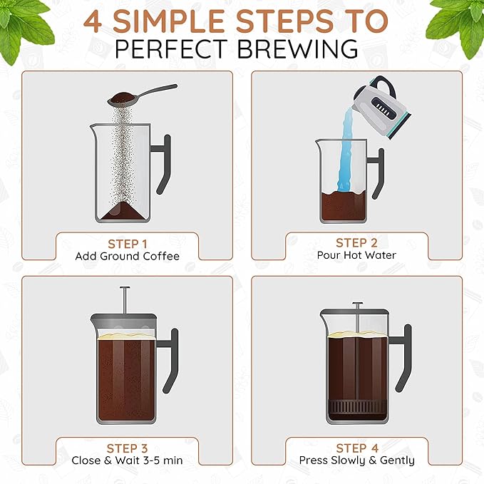 1.6L French Press Coffee Maker, 54oz Large Capacity French Press Stainless Steel Brewer with Double Filter Mesh for Kitchen Travel Camping, Hot & Cold Brew Coffee Maker Gifts (White)