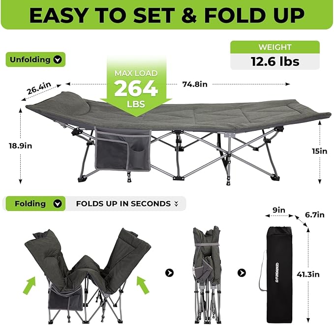 FUNDANGO Camping Cot for Adults, Padded Camp Cots for Sleeping Portable Camping Bed for Outdoor Travel Folding Cot Heavy Duty with Carry Bag, Gray