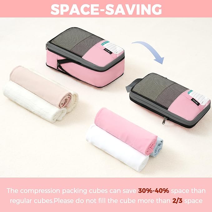 BAGAIL 4/6 Set/8 Set Compression Packing Cubes Travel Accessories Expandable Packing Organizers(HalfMesh, 8-Pink)
