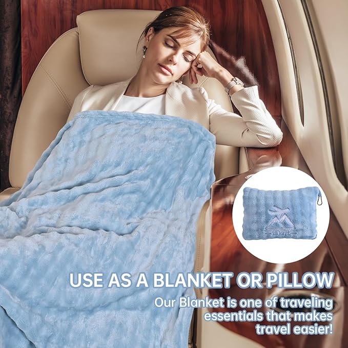 Travel Blanket and Pillow-2-in-1, Ultra-Soft&Compact, One-Piece Airplane Blanket with Hand Luggage Belt and Backpack Clip,Travelers Accessories Gifts, 61x43 Inches (Blue)