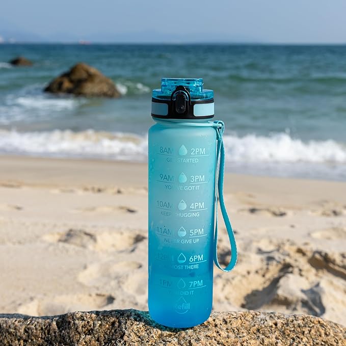 OLDLEY Water Bottle, 32oz Motivational Sports Water Bottle with Time Marker - Times to Drink - Tritan, BPA Free, Wide Mouth Leakproof, Luca (1 Bottle)