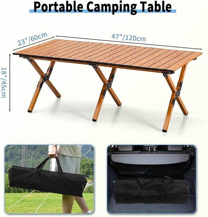 Roll-Up Camping Table Aluminum Low Folding Table for Outdoor Picnic BBQ Backyard Beach Easy Carrying in Bag-4FT