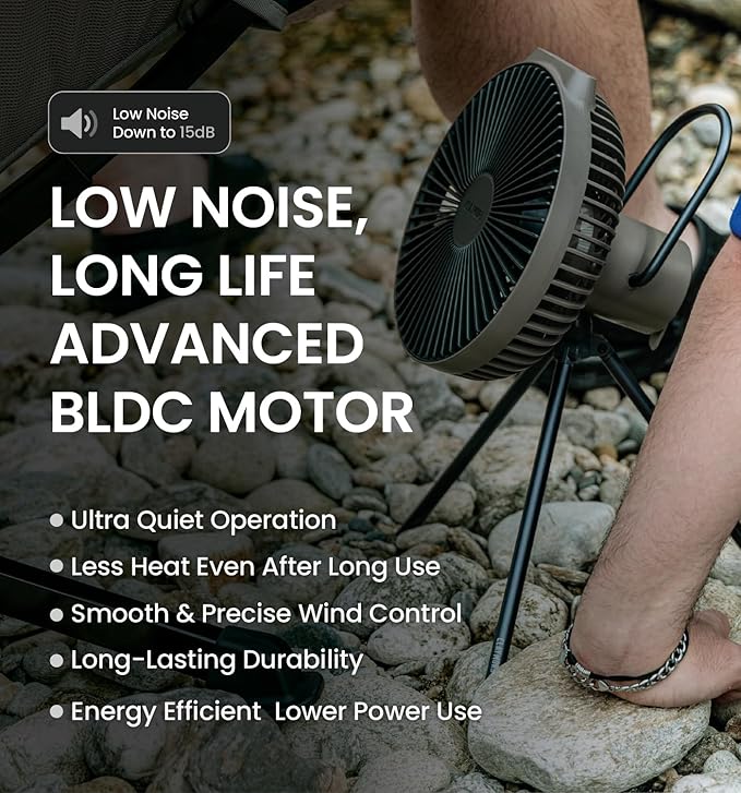 Claymore V600+ Rechargeable Camping Fan(Black) – 7,800 mAh Battery Operated Portable Fan for Indoor & Outdoor Use, 4-Speed Quiet Air Circulator, USB‑C Charging, Timer, Carry Pouch Included
