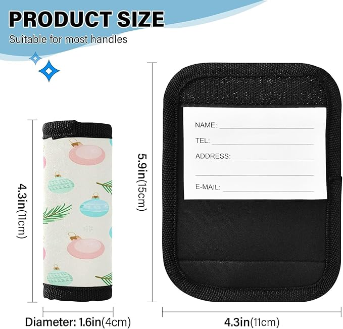 Christmas Ornaments 4 Pack Neoprene Suitcase Wraps, Luggage Handle Wraps with ID Tag, Non-Slip Suitcase Handle Covers for Travel, Bag Strap Pad