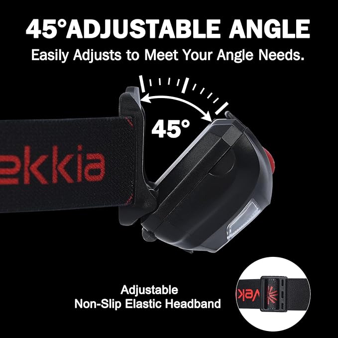 Vekkia LED Headlamp Rechargeable - 5 Lighting Modes,White & Red LEDs Head Lamp, Camping Accessories Gear. IPX4 Waterproof Headlight for Running,Cycling,Fishing,Hiking,Repairing. Type-C Included
