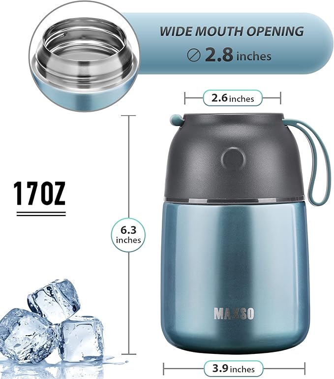 MAXSO Soup Thermo for Hot & Cold Food for Adults Kids, 17 oz Vacuum Insulated Steel Lunch Container Bento Box with Spoon, Leakproof Thermal Food Jar for School Office Travel - Shinny Blue