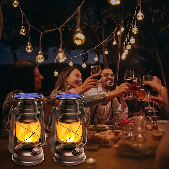 Solar Lantern Outdoor Waterproof,LED Vintage Flickering Flame Solar Lights,Camping Lamps,Solar Powered Hanging Rustic Heavy Duty Lantern Landscape Decor for Patio Garden Yard Deck Pathway,2Pack