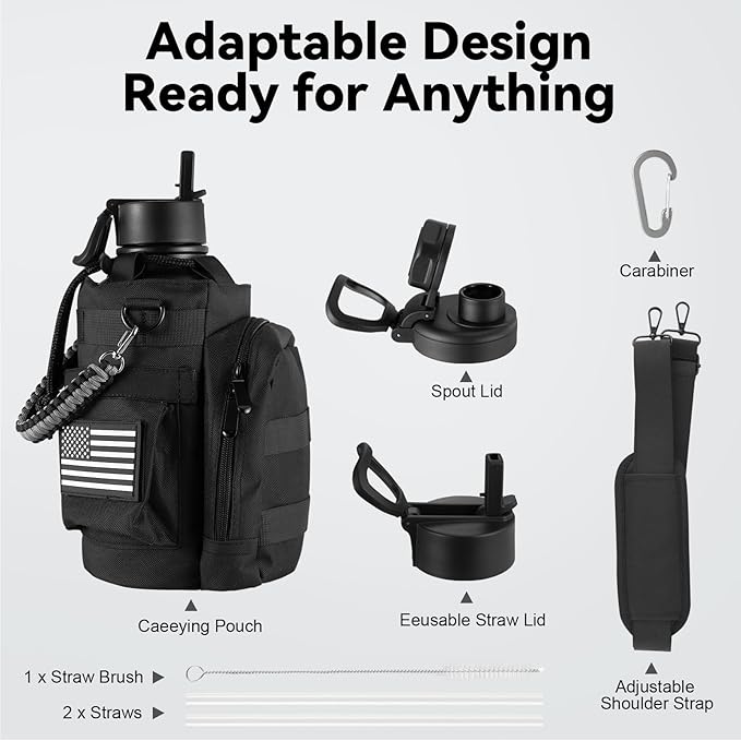 KXIAOCHEN Insulated Water Bottle, Stainless Steel Water Bottle, 2 Lids (Straw and Handle Lid),Wide Mouth Metal Water Bottles Keep Hot and Cold, Double Walled, Thermo Mug, Metal Canteen