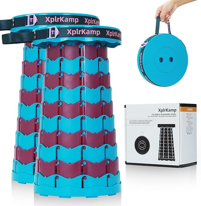 Retractable Folding Stool - Heavy Duty 400 lb Collapsible Portable Stool for Camping, Hiking, Fishing, Indoor/Outdoor with Non-Slip Base and Lightweight Design (Blue Purple, 2-Pack)