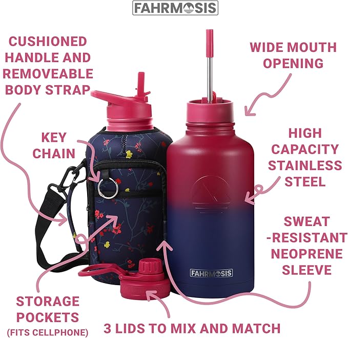 64 Oz Insulated Water Bottle with Strap Stainless Steel Sports Water Bottle with 3 Lids (Straw, Chug and Flip Lid) Leak Proof Metal Half Gallon Jug for Men & Women - Red Fusion