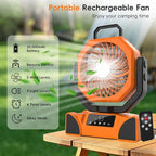20000mAh Portable Camping Fan, Rechargeable Battery Powered Fan with Remote Control & Oscillating, LED Display, Light, Timer, Rotation, Hanging Hook for Outdoor Camp, Beach, Travel Tent