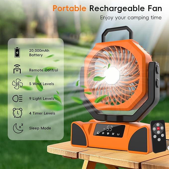 20000mAh Portable Camping Fan, Rechargeable Battery Powered Fan with Remote Control & Oscillating, LED Display, Light, Timer, Rotation, Hanging Hook for Outdoor Camp, Beach, Travel Tent