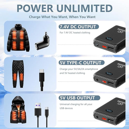 2 Pack 10000mAh Battery Pack Heated Vest for Most Heated Apparel, 7.4V/5V 10000mAh Power Bank for Heated Vest with DC/USB/Type-C Output and LED Display for Heating Clothing and Phones