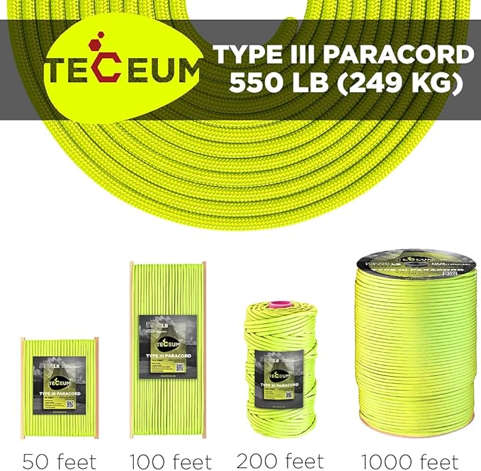 TECEUM 5/32" Paracord Rope 1000 – 1000ft / 200ft / 100ft / 50ft – Tactical Parachute Cord 4mm – 45+ Colors – Nylon String for Survival & Camping Gear – Stripe Cord for Survival – Utility Rope