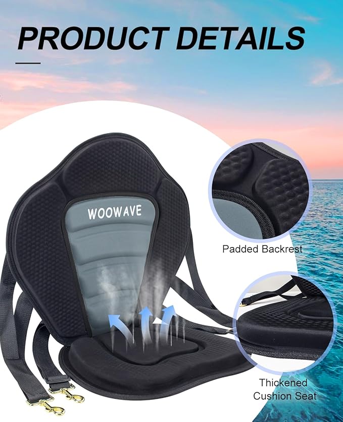 WOOWAVE Kayak Seat Padded Deluxe Paddleboard Seat Adjustable Boat Seat Cushioned Fishing Seat High Back Comfortable Backrest Support for Universal Sit