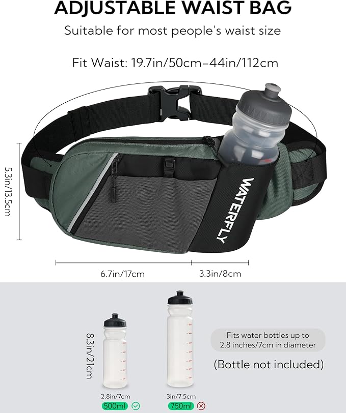 WATERFLY Fanny Pack Waist Bag: Hiking Water Bottle Holder with Strap Waist Pack for Women Men Hydration Hip Packs for Running Walking Traveling-Black & Gray
