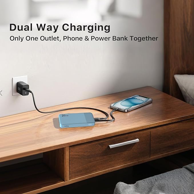NOBIS Portable Charger, 10000mAh Power Bank Fast Charging, Battery Pack with C to C Cable, Battery Bank with Digital Display for iPhone iPad Android etc (Blue, 25W)