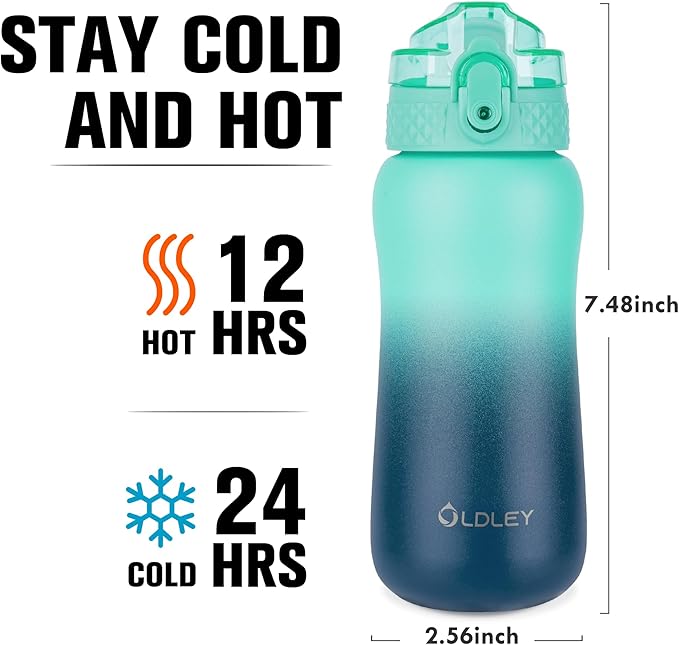 Oldley Insulated Water Bottle 12oz Kids Water Bottles with Straw, Stainless Steel Water Bottle with 2 Lids,Double Wall Vacuum Bottle, Leak-Proof Sport Bottles for School Travel, Caribbean Blue