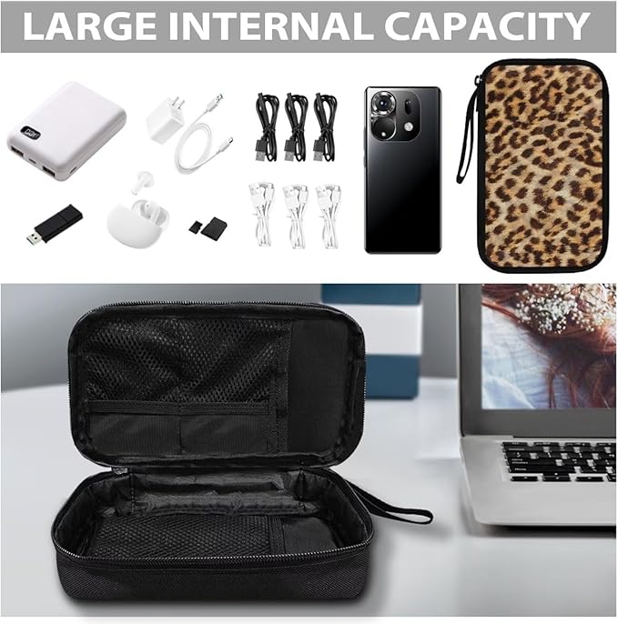 Leopard Print Electronics Case, Mini Cable Organizer Bag for Essentials, Tech Accessory with Cord Organizer for Phone, Power Bank, SD Card