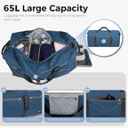 Fmeida 65L Duffle Bag with Shoes Compartment, Foldable Travel Duffel Bags for Men Women, Large Packable Travel Bag Water Repellent & Tear Resistant (Blue)