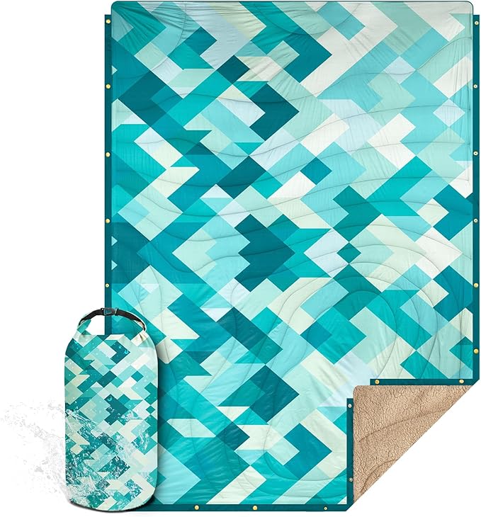 Outdoor Camping Blanket with Sherpa Lining, Extra Warm Thick Camp Blankets and Puffy Ultralight Soft Poncho DWR Camping Quilt for Cold Weather, Adventure, Sleeping, Backpacking 78"x 56"