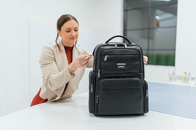 Durable Leather Laptop Business Backpack Perfect for Men & Women, Work Backpack Fits 15.6 Inch, Premium Quality Travel Bag with USB Charging Port, Water-Resistant, Bookbag with Multiple Pockets