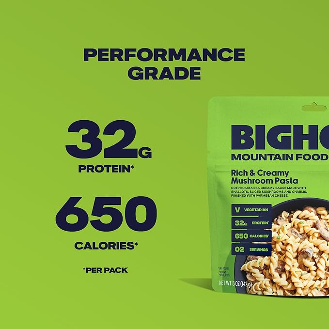BIGHORN Mountain Food Vegetarian Creamy Mushroom Pasta - contains 4 packs | 8 servings | 128g Protein | 2,600 Calories - premium freeze dried meals for backpacking food - vegetarian backpacking meal - ideal camping meals just add water - great taste
