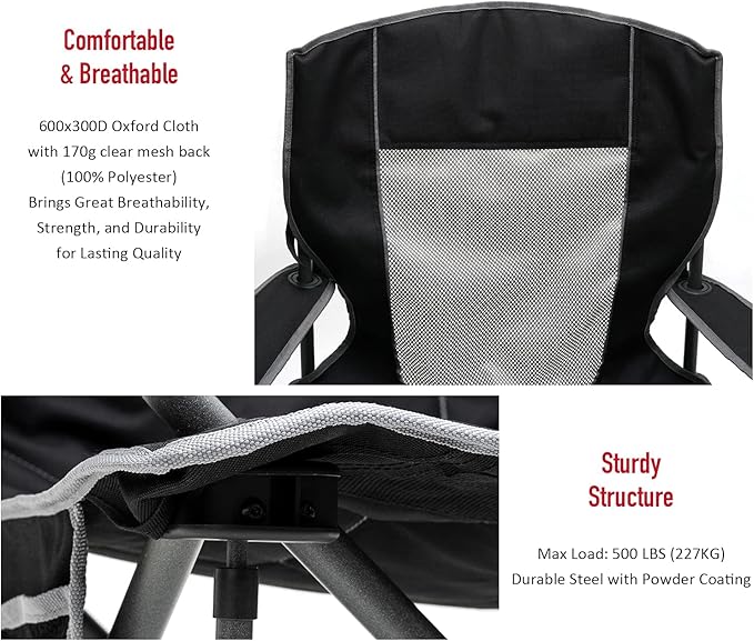 SUNNYFEEL Oversized Folding Camping Chair 500 LBS Heavy Duty Lawn Chairs for Adults Black Portable Folding with Armrest, Cup Holder, Pocket ＆Bag for Outdoor Camping/Beach/Travel/Picnic/Fishing