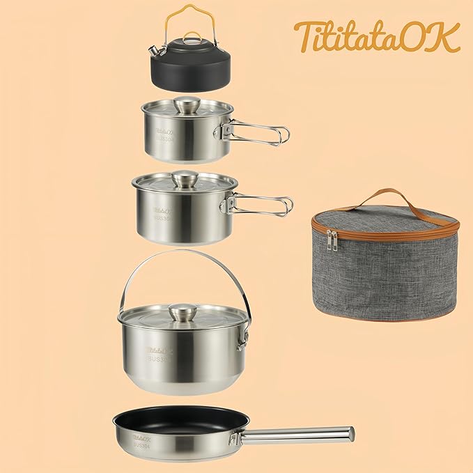 Camping Cookware Set 304 Stainless Steel 10pcs Pots & Pans,Kettle, Travel Mesh Bag for Camping, Trekking, Backyard Picnic & Backpacking Gear