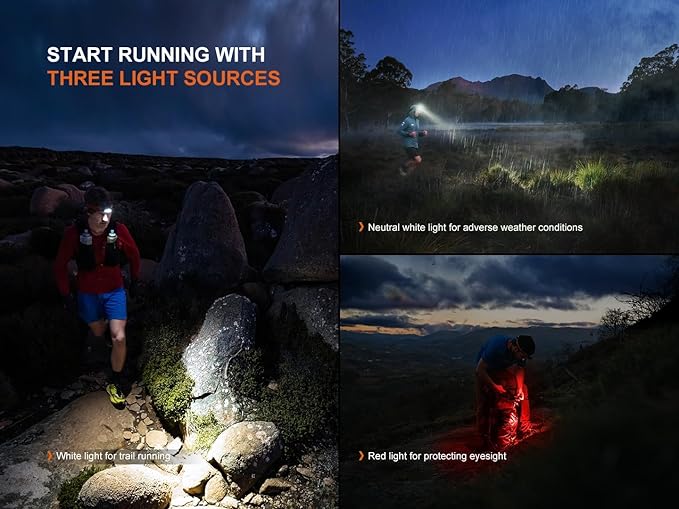 Fenix HP12R-T 1300 Lumen Rechargeable Running Headlamp – Split Battery Design, White/Neutral White/Red Light Modes with Lumentac Organizer (Black)