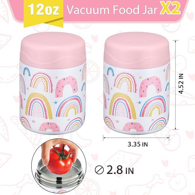 12oz 2 Pack Insulated Food Jar Set for Kids Soup Thermo Hot Food Lunch Container Wide Mouth Leak Proof Stainless Steel Vacuum Bento Box for School Office Travel Outdoors