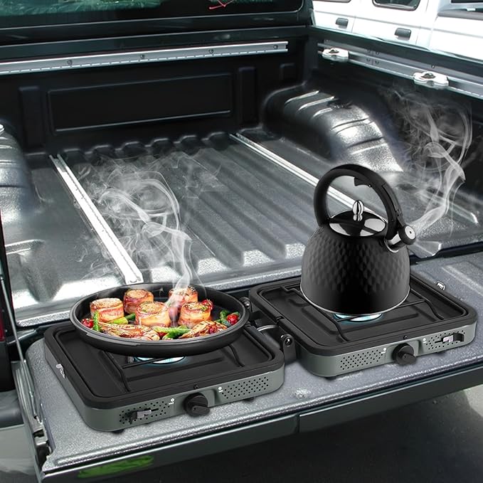 2 Burner Propane Camping Stove with Grill and Carrying Bag, Portable Folding Camp Stove with 17,000 BTU Adjustable Burners for Backpacking, Picnics, Outdoor Cooking