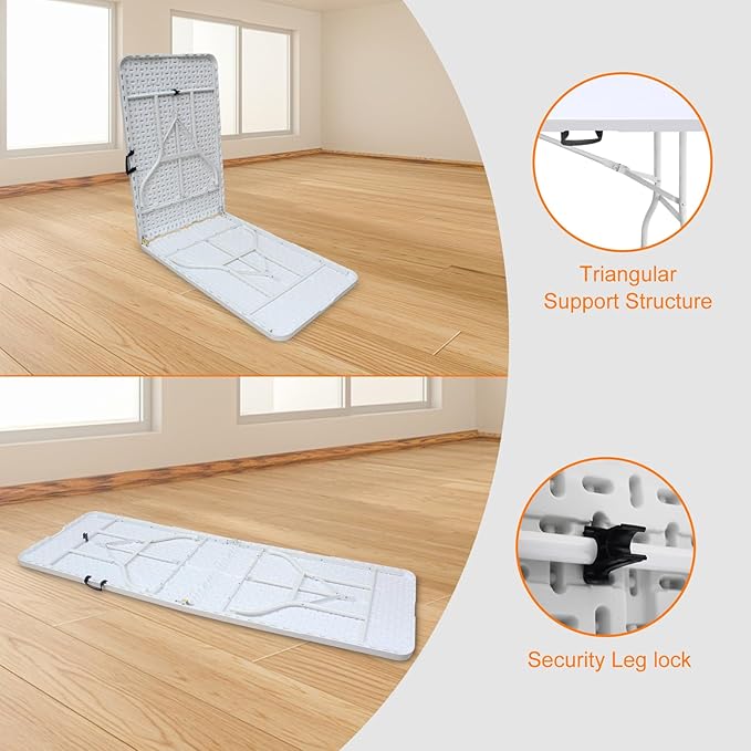 8 FT Folding Table with Carry Handle, Portable Fold-in-Half Plastic Table, Rectangle Foldable Table for Indoor/Outdoor White