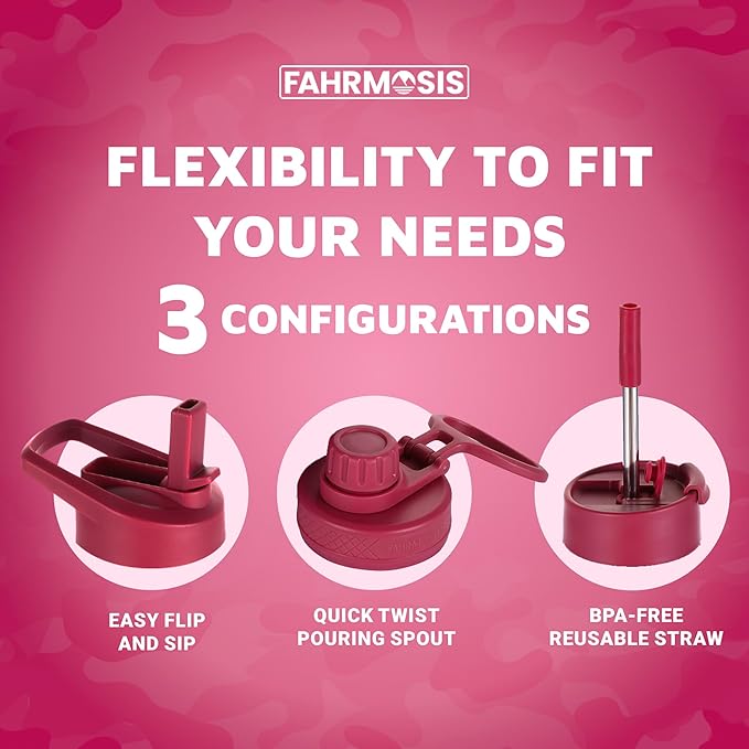 64 Oz Insulated Water Bottle with Strap Stainless Steel Sports Water Bottle with 3 Lids (Straw, Chug and Flip Lid) Leak Proof Metal Half Gallon Jug for Men & Women - Red Fusion