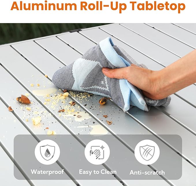 Large 46.4" Camping Table for 2-6 People - 220lbs Capacity Heavy Duty Foldable Outdoor Table with Aluminum Roll-Up Top & Carry Bag, Portable Picnic Desk for BBQ, Tailgating, Backyard (Silver)