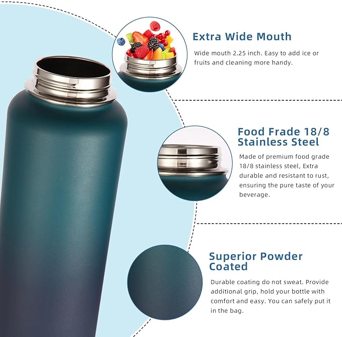 Volhoply 40 oz Insulated Water Bottles Paracord Handle, Stainless Steel Sports Bottle with Spout Lid, Double Walled Metal Travel Water Cups with Wide Mouth, Reusable Water jug (Dark Night,1 Set)