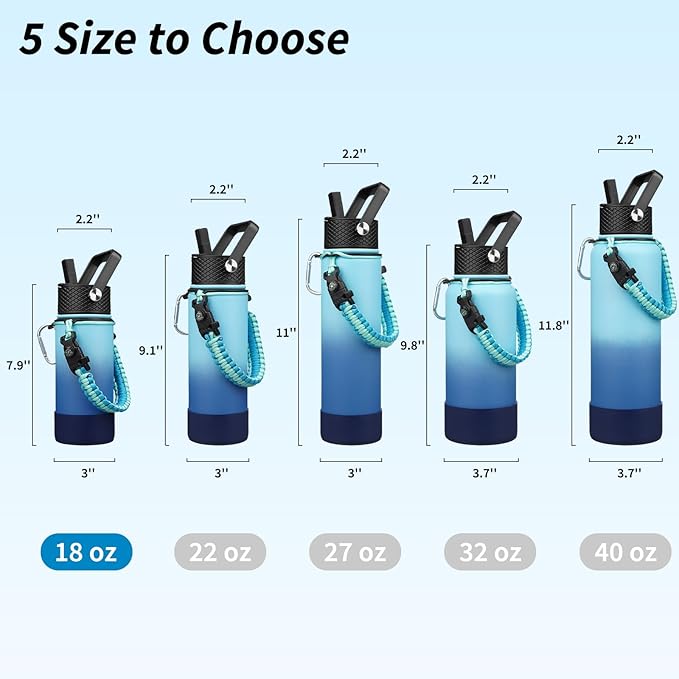 BJPKPK Water Bottle with Straw Lid, 18oz Insulated Water Bottles with 3 Lids, Paracord Handle & Non-slip Boot, Metal Stainless Steel Thermo, BPA Free Leak Proof Cups, Tumblers,Sky