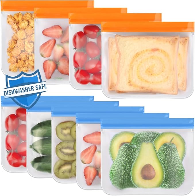 Lerine 9 Pack Reusable Sandwich Bags Dishwasher Safe, BPA Free Food Storage Bags, Extra Thick Leakproof Reusable Quart Bags for Marinate Meats, Cereal, Sandwich, Home Organization