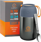 ENERGIFY Vacuum Insulated Food Jar. Large 24oz Bowl incl. Folding Spoon, Cup. Wide Mouth Keep Hot & Cold Drinks Soup Lunch Container for Adults. BPA-Free Stainless Steel, Leak Proof Grey
